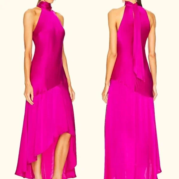 FRAME Silk-Charmeuse Draped Neck Tie Halter Neck Dress in Magenta sz L $698